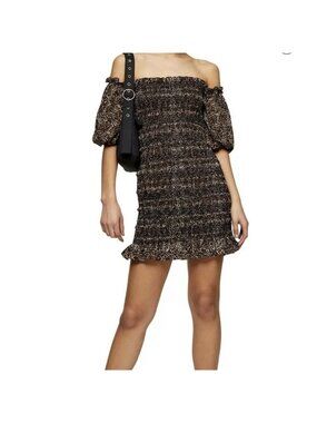 🆕TOPSHOP Off Shoulder Puff Sleeve Leopard Print Smocked Mini Dress 8
